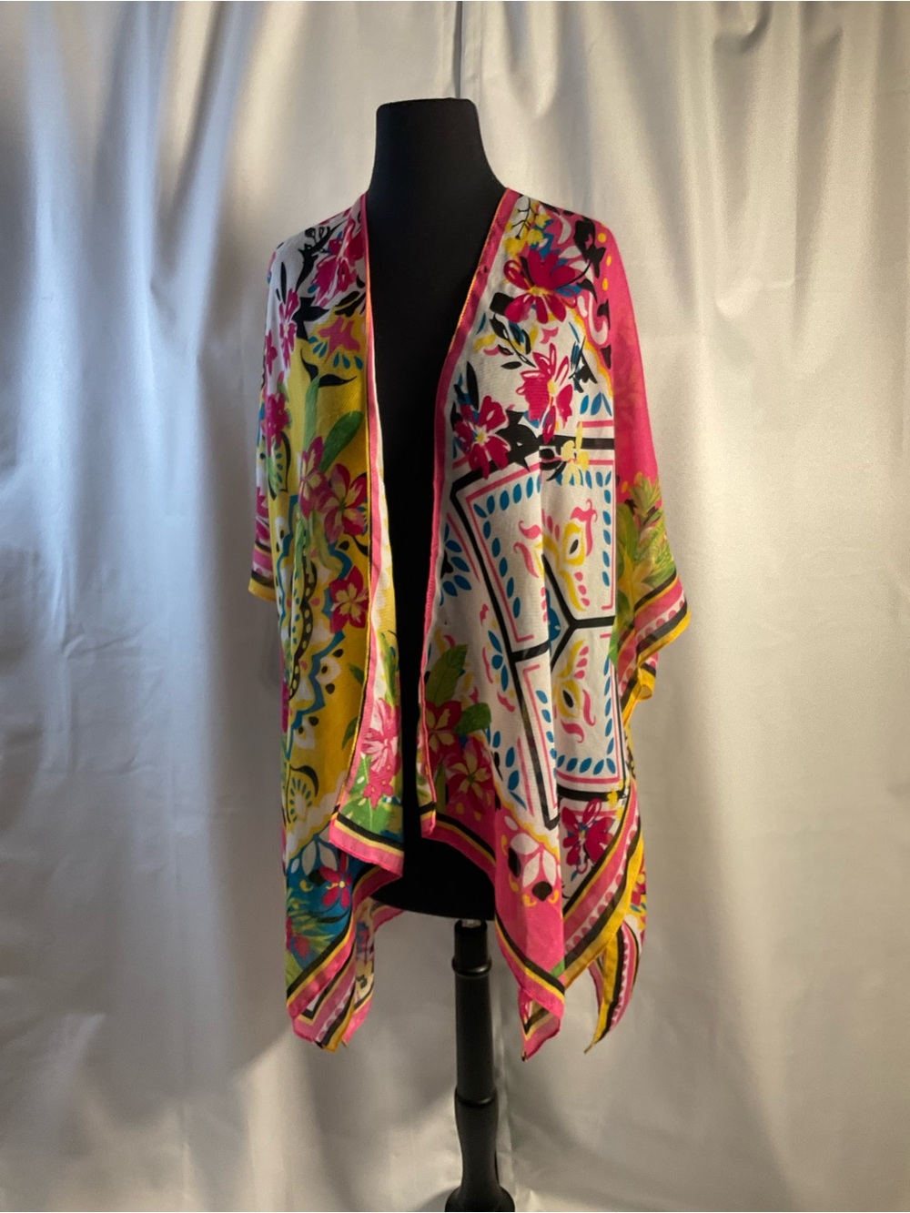Floral Open-Front Kimono Cape - Pink Multi
